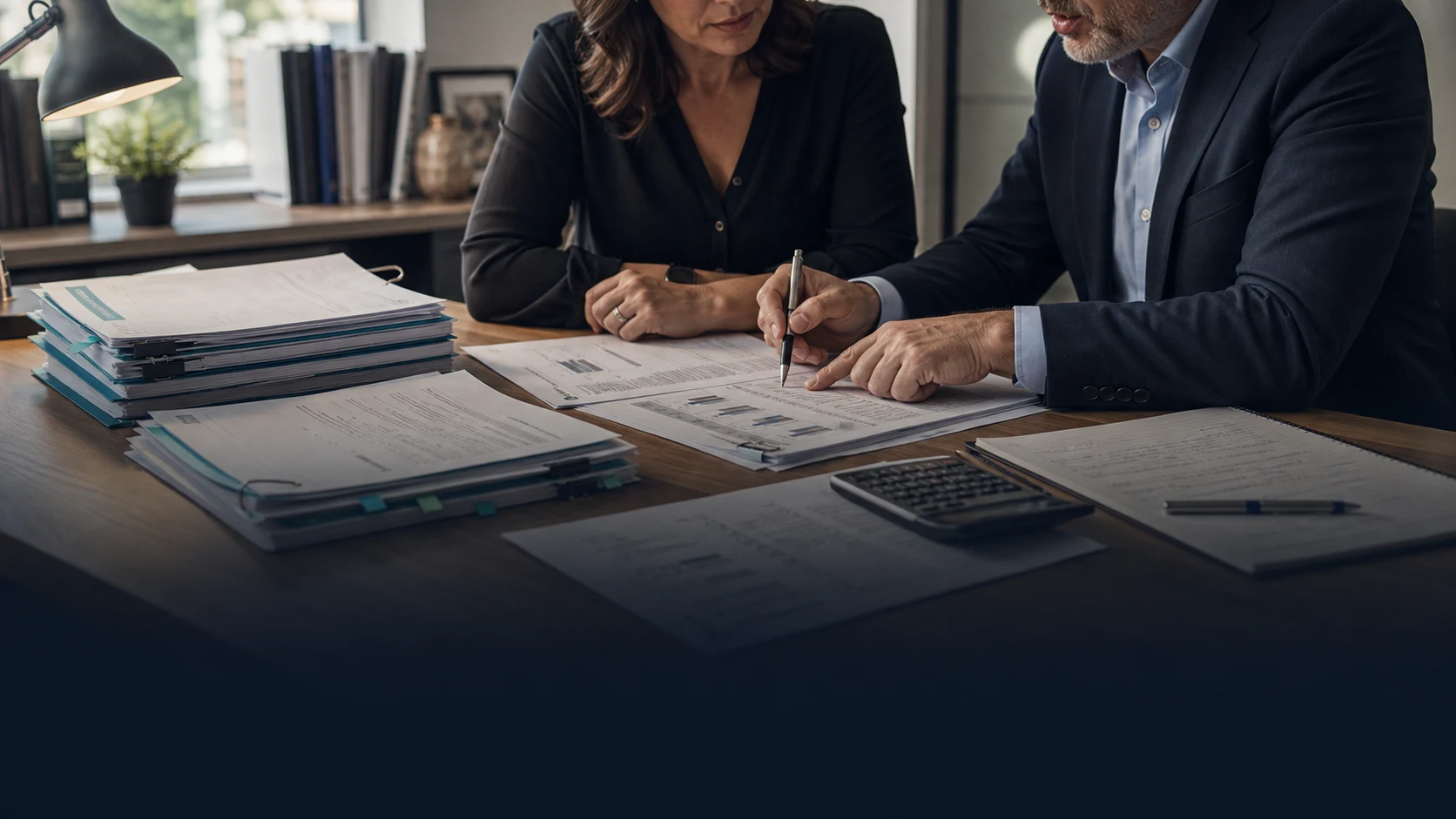 Business owner and advisor reviewing MCA agreements, payment schedules, and cash-flow documents at a quiet office table.